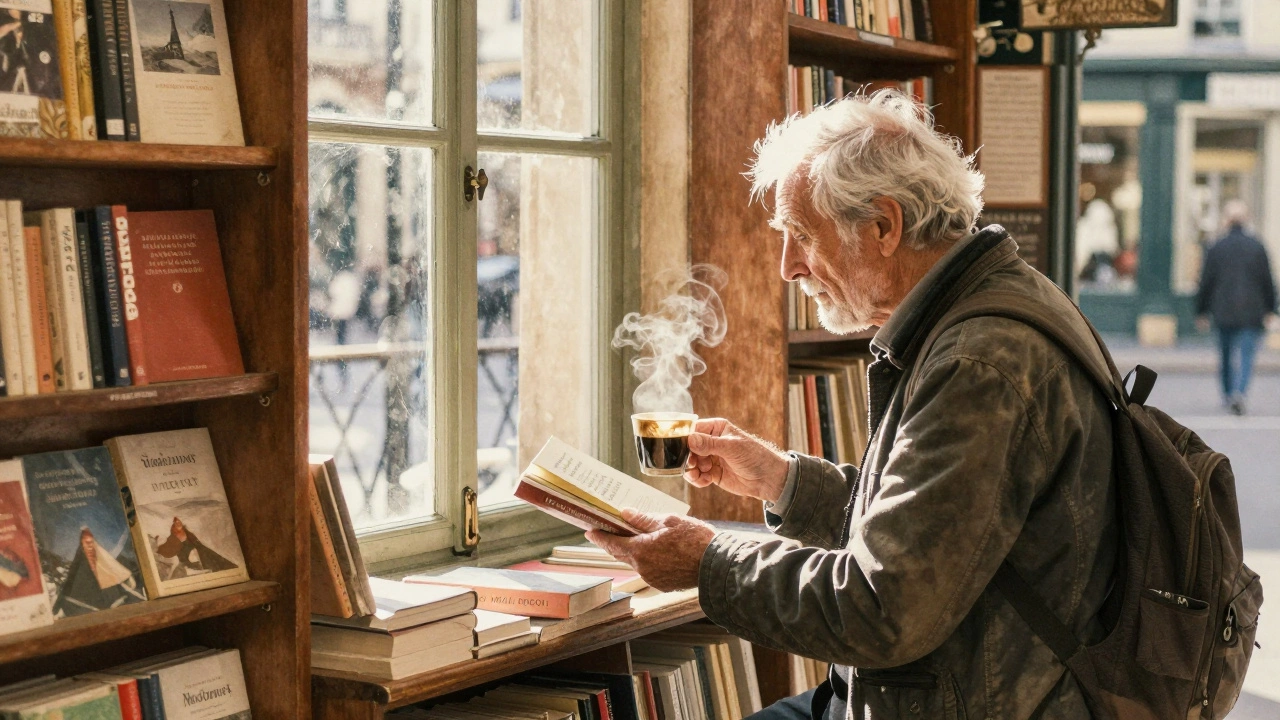 A bookseller in Montmartre hands a book to a traveler, golden light filling the cozy bookstore.