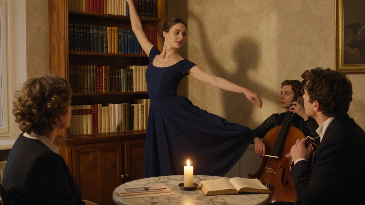 A former ballet dancer hosting a quiet literary salon with clients, surrounded by poetry books and classical music.