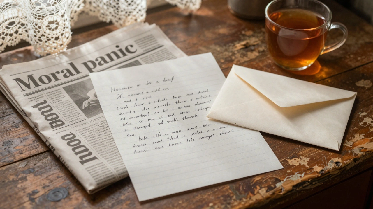 A handwritten letter from London on a desk beside a cup of tea and a newspaper, morning light streaming in.