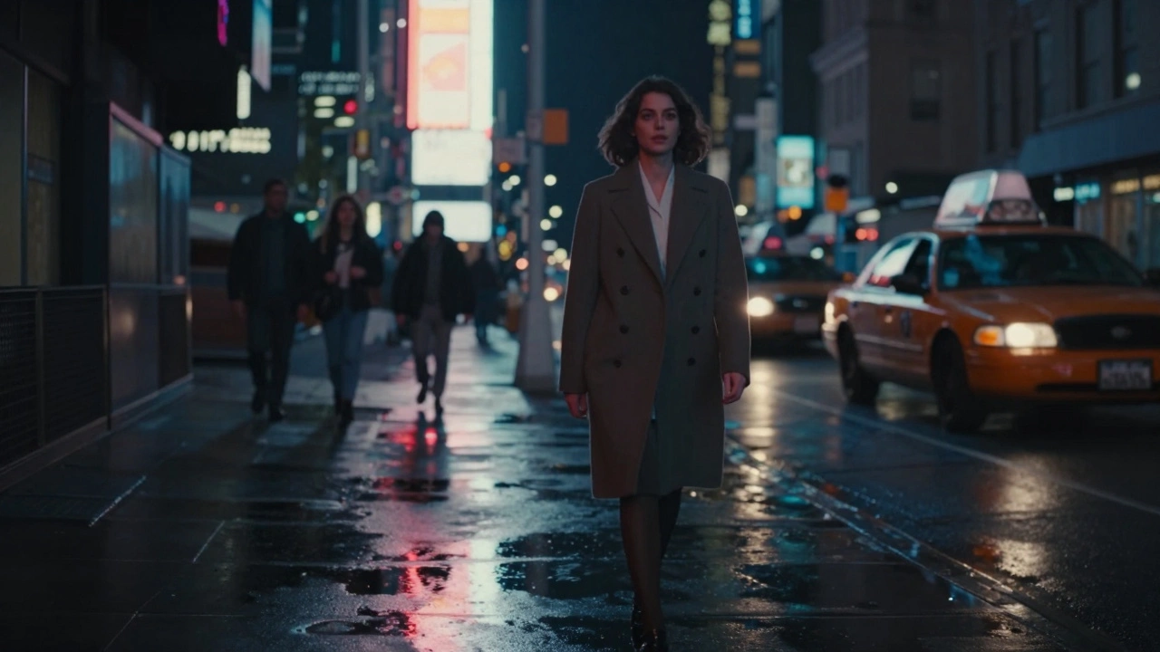 A woman walking alone under neon lights near Times Square at night, her reflection visible on wet pavement.
