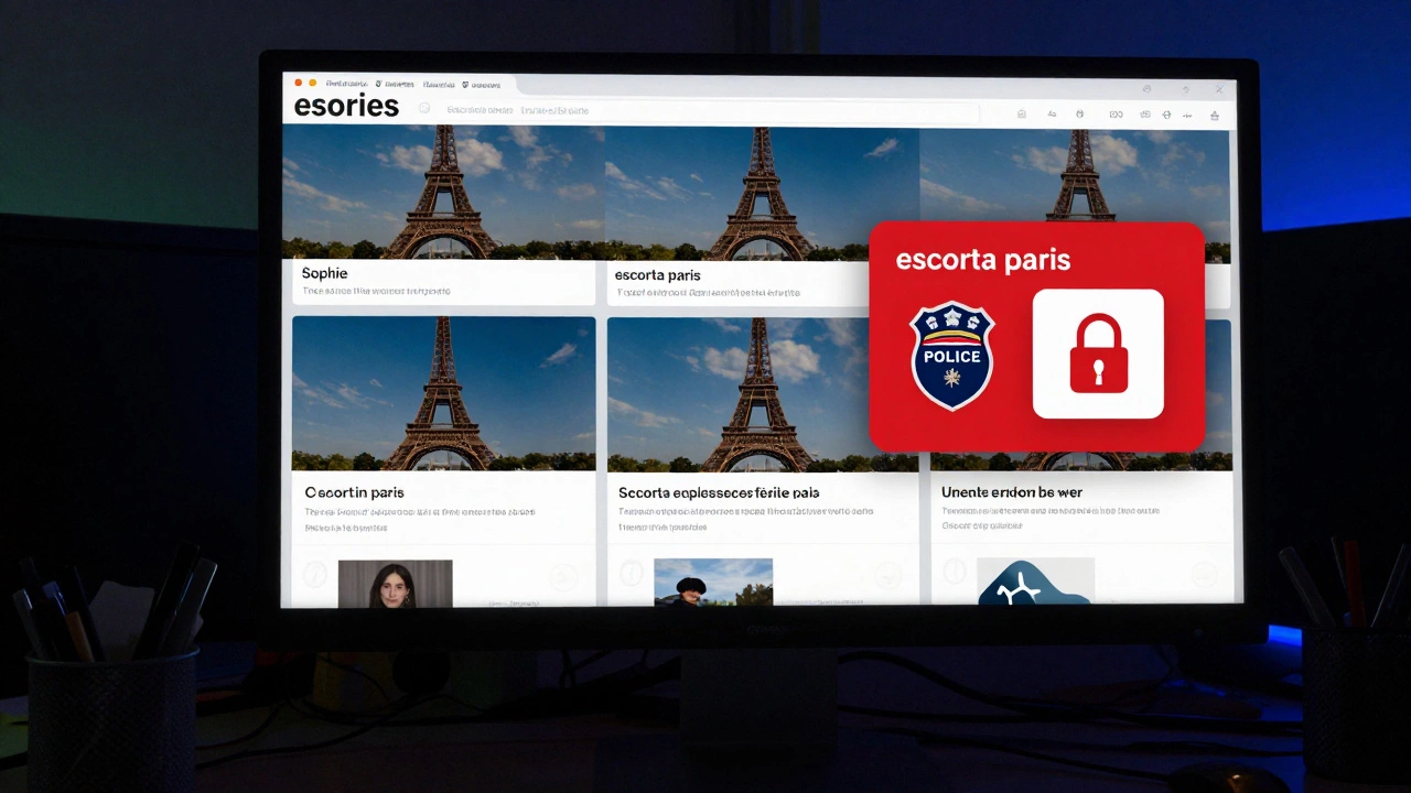 Computer screen displays multiple fake escort websites with misspelled names and warning icons.