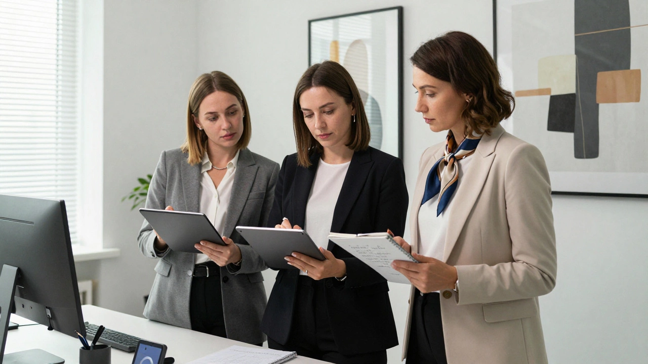 Three professional Russian women reviewing client profiles in a modern agency office with tablets and notebooks.